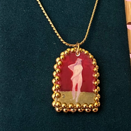 Red Neoclassical Nude Lady Pendant | Golden Charm Necklace | Olive Made