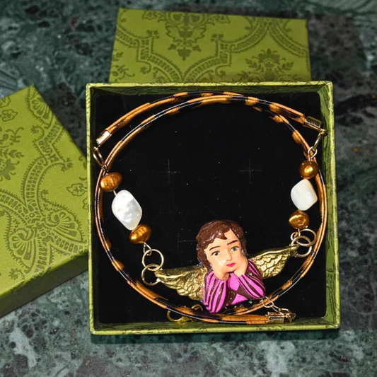 Cheetah Print Angel Necklace | Hand Painted Angel Pendant | Jestercore Statement Jewelry | Mother of Pearl Beads