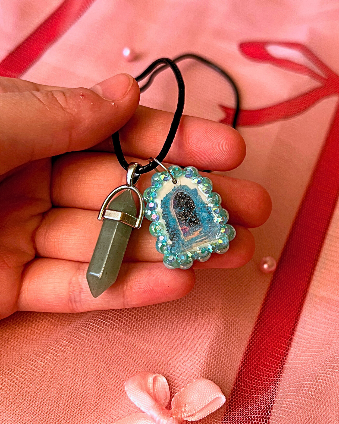 Magical Archway Charm Necklace | Polymer Clay | Iridescent Pearl Portal Pendant + Blue Gem Charm