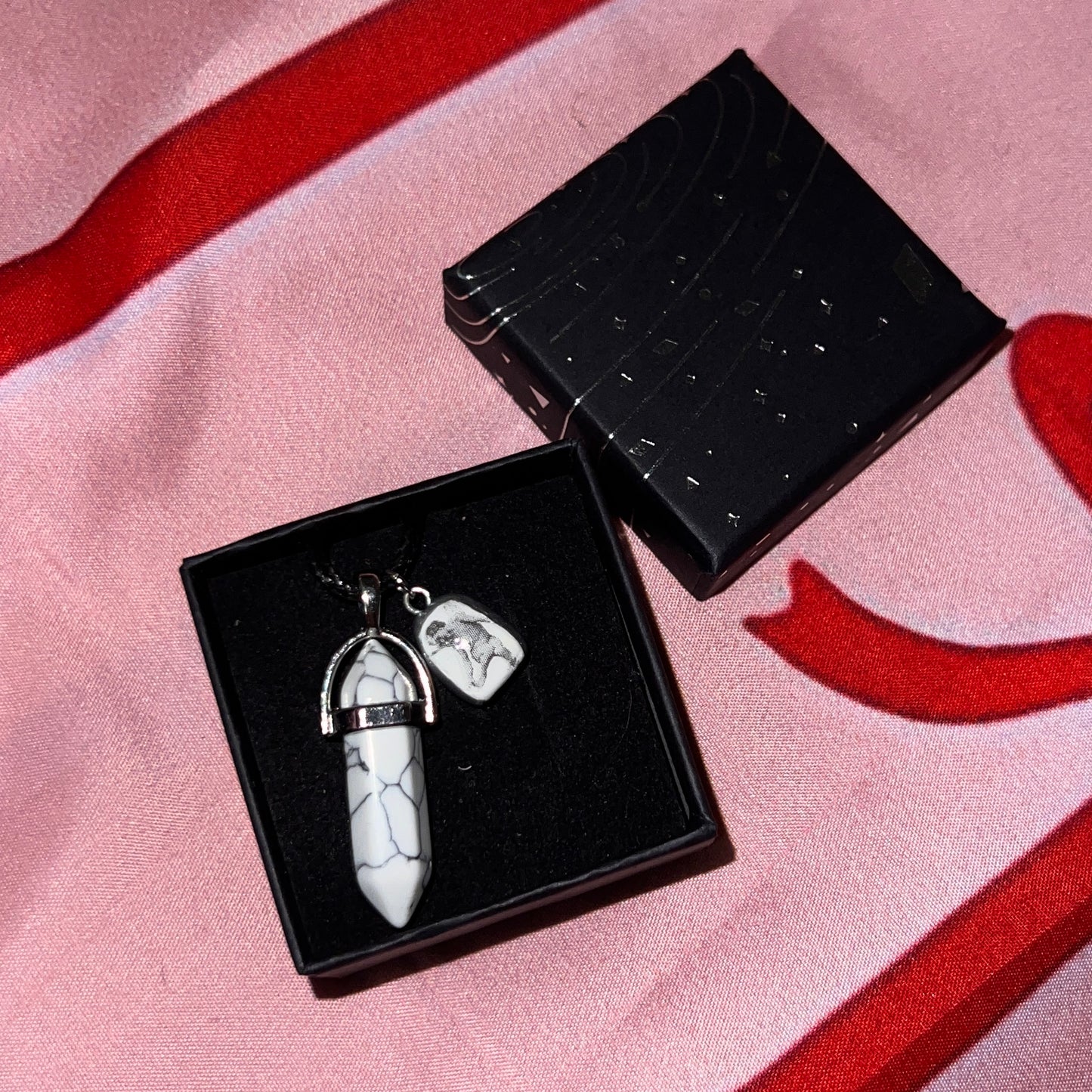 Marbled Pendant Necklace | Mini Angel Cherub Charm | Faux Leather Chain | Silver-Tone Detail | Ethereal Jewelry