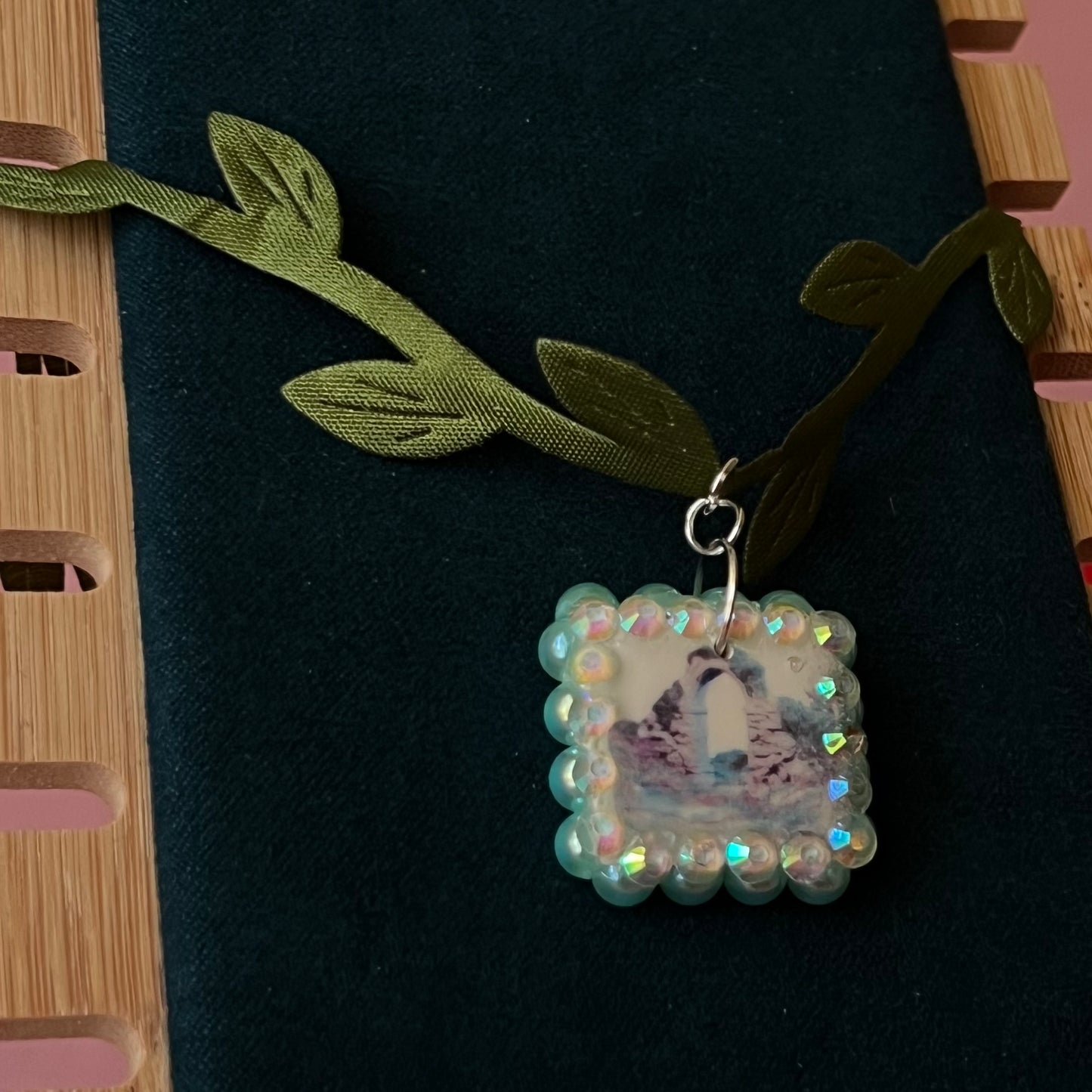 vine choker necklace, leaf choker, fairycore choker, whimsigoth jewelry, medieval fantasy necklace, arch charm necklace, rhinestone charm choker, pearl rhinestone necklace, handmade polymer clay charm, adjustable choker necklace, secret garden jewelry
