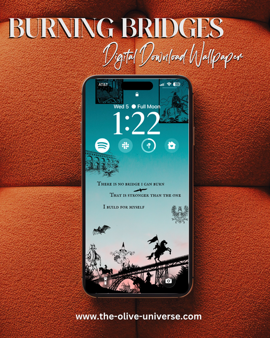 Phone displaying a sunset medieval linograph cut out collage digital download wallpaper with a quote on an orange background