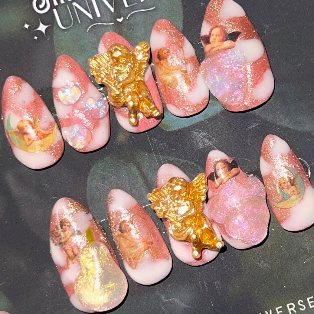 Ambrosia Fruit Press-On Nails | Hand Painted Nails | Iridescent 3D Gel | Pink Shimmer | Angel Charm | One of One | Size Medium