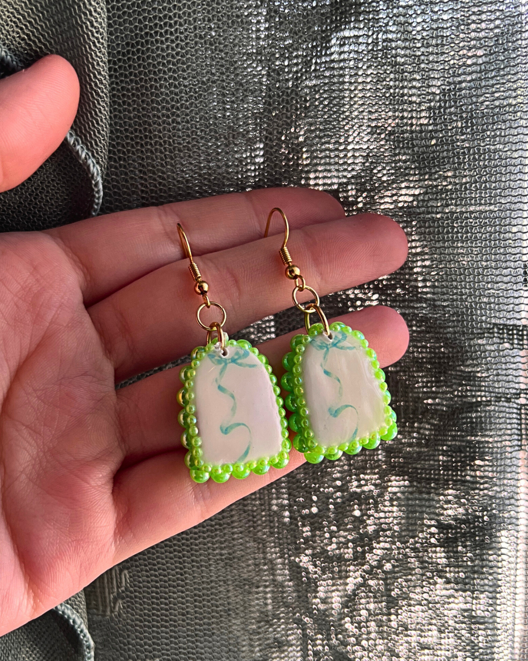 Coquette Green Bow Arch Earrings | Bedazzled Polymer Charm Earrings | Cute Feminine Statement Earrings | Gold Plated Findings