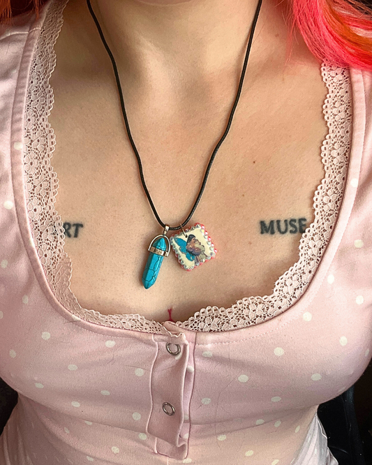 Pink + Blue Fairy Charm Necklace | Polymer Clay Pendant + Blue Gem