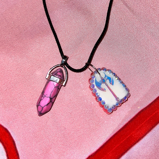 Battle Axe Charm Necklace | Polymer Clay Pendant + Pink Marbled Gem