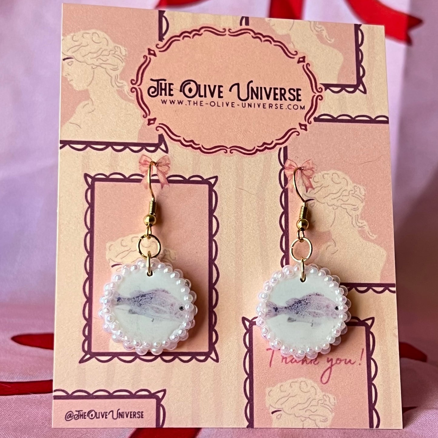 pastel pink iridescent earrings, fish charm earrings, pearl dangle earrings, y2k earrings, dreamcore jewelry, coquette earrings, kawaii earrings, pink pearl earrings, handmade polymer clay earrings, 18k gold plated hooks, statement earrings, olive made