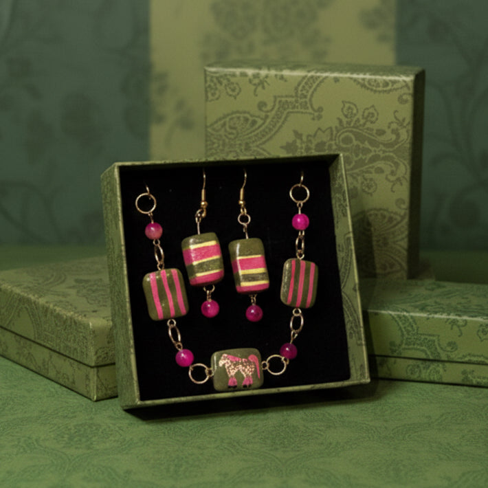 Cheetah Print Pink Pony Bracelet Set | Gold Plated Charm Bracelet | Pink Agate Beads | Handmade Clay Earrings | Toycore Maximalist Jewelry