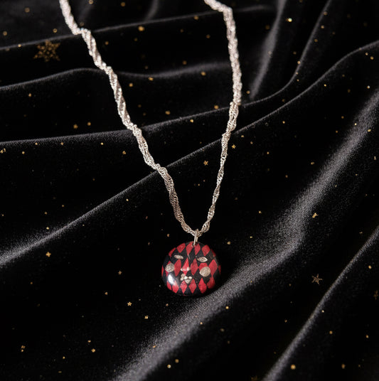 Burgundy Harlequin Mask Necklace | Hand Painted Clay Charm | 925 Sterling Silver Chain | Theater Inspired Jewelry