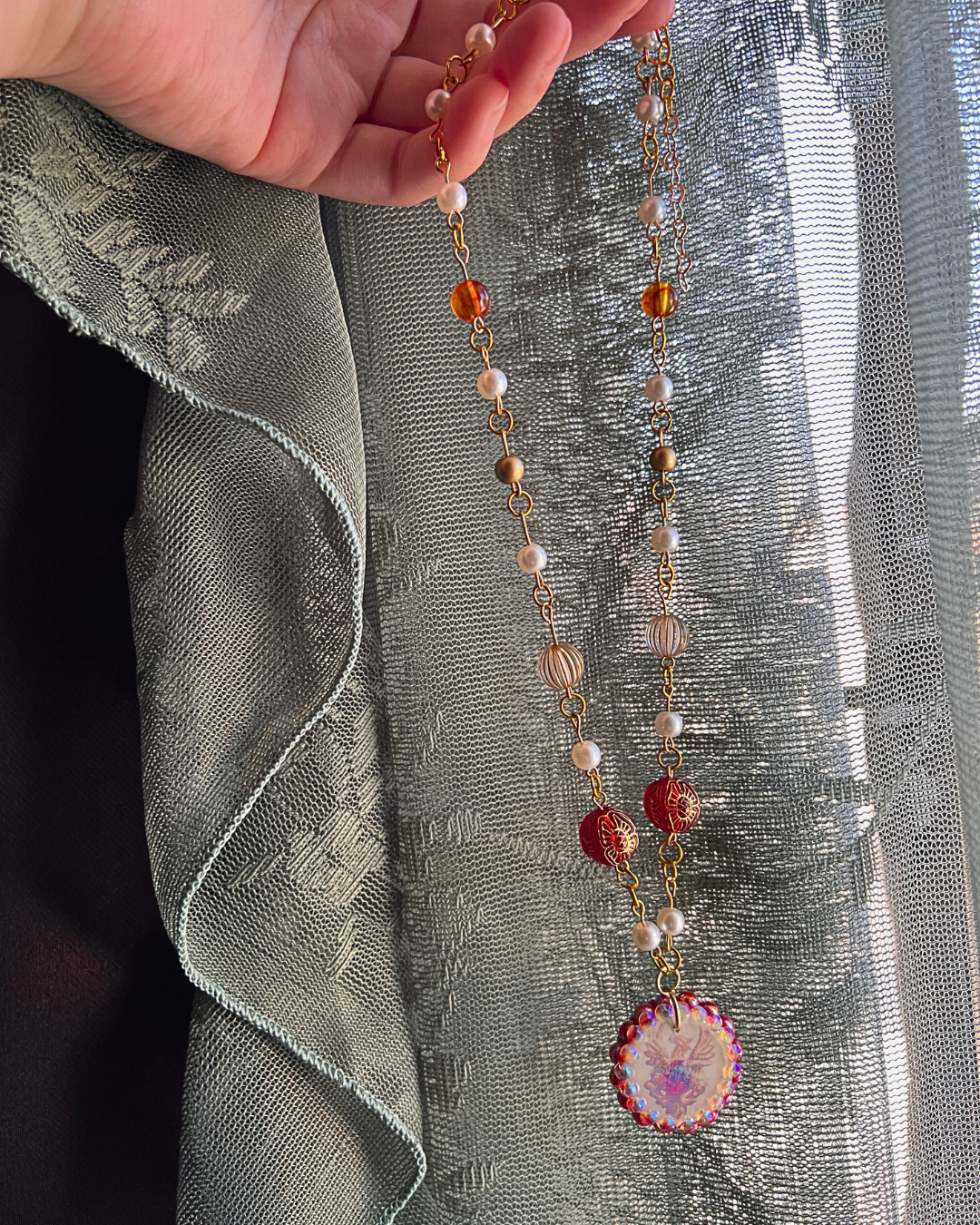 Phoenix Sigil Knight Necklace | Medieval Inspired Pearl Necklace | Baroque Bead Chain | Crimson Gem Crest Pendant | Ready to Ship