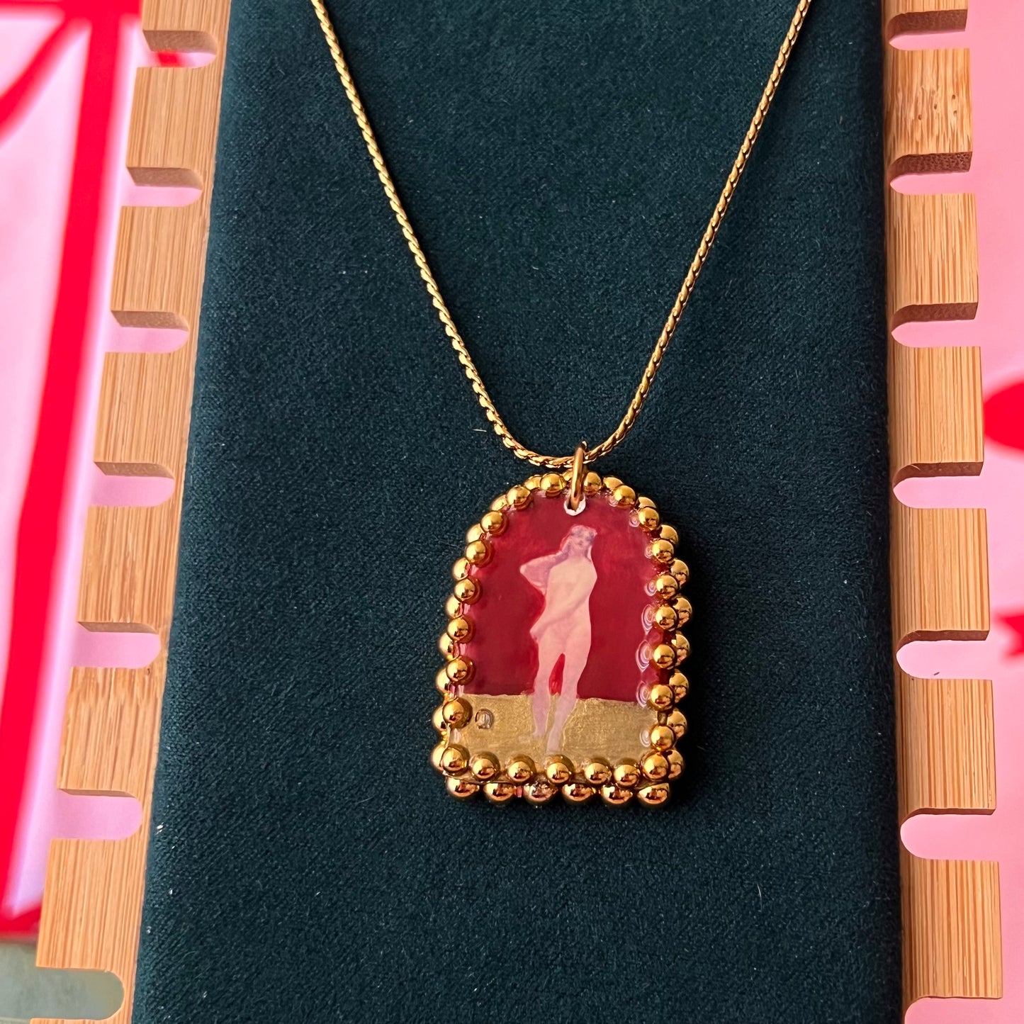 Red Neoclassical Nude Lady Pendant | Golden Charm Necklace | Olive Made