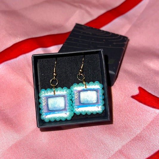 Vintage TV Set Clay Earrings | Teal Iridescent Pearl Frame