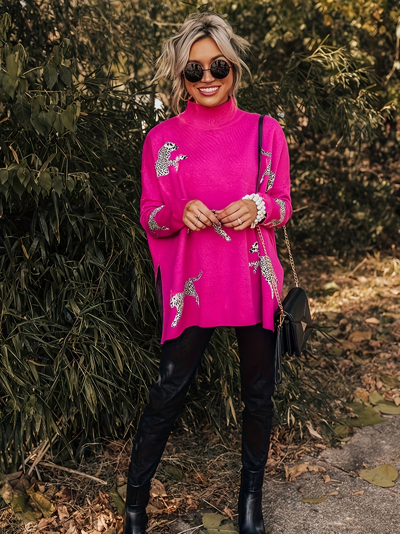 pink leopard mock neck sweater