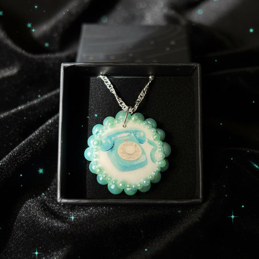 Teal Dial-Up Phone Necklace | Iridescent Pearl Charm | Handmade Polymer Clay Jewelry | 925 Sterling Silver Chain