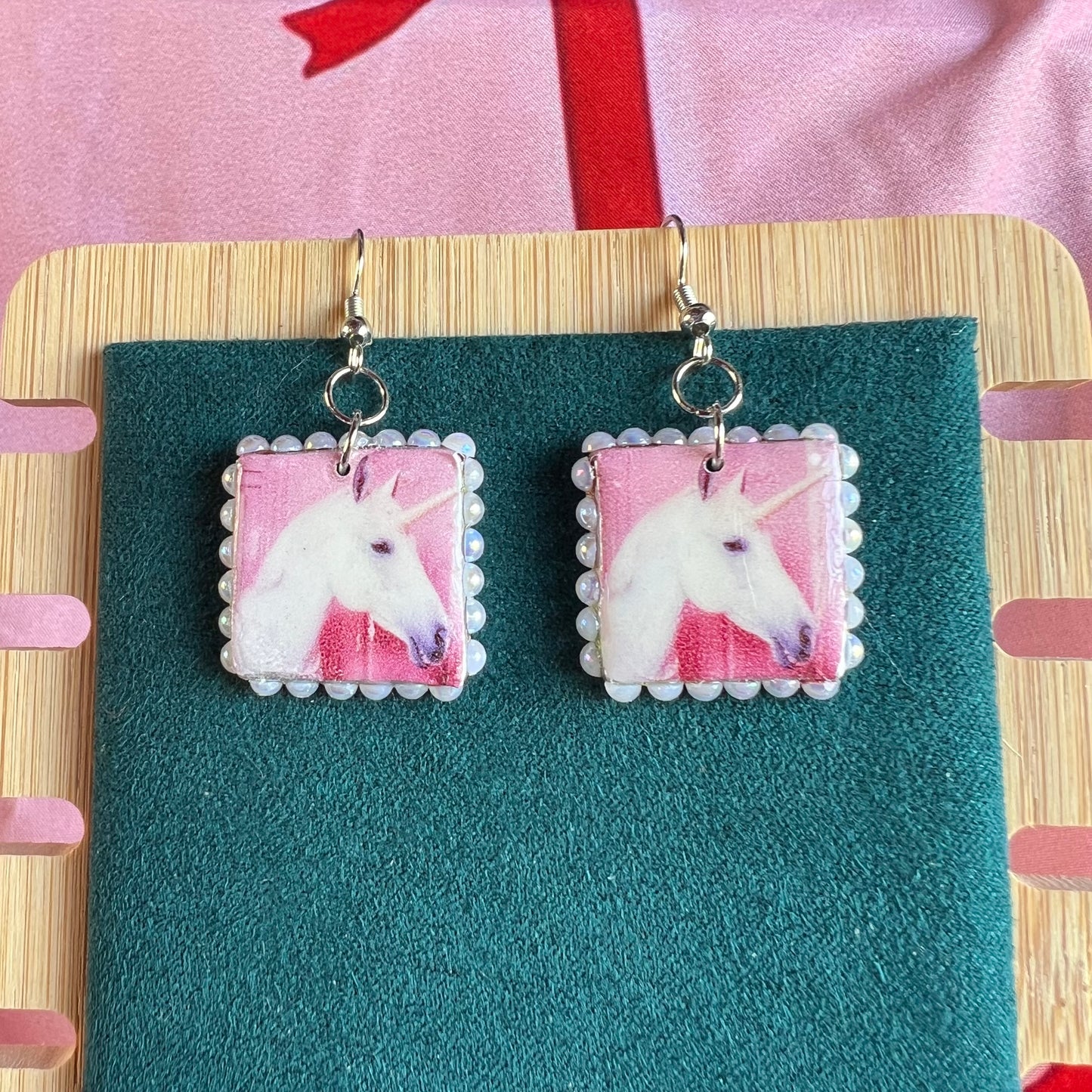 pink unicorn earrings, unicorn earrings, kawaii earrings, fairycore earrings, pastel earrings, handmade polymer clay earrings, polaroid earrings, white pearl earrings, liminal jewelry, square charm earrings, whimsical jewelry, cute earrings, y2k jewelry, Olive Made
