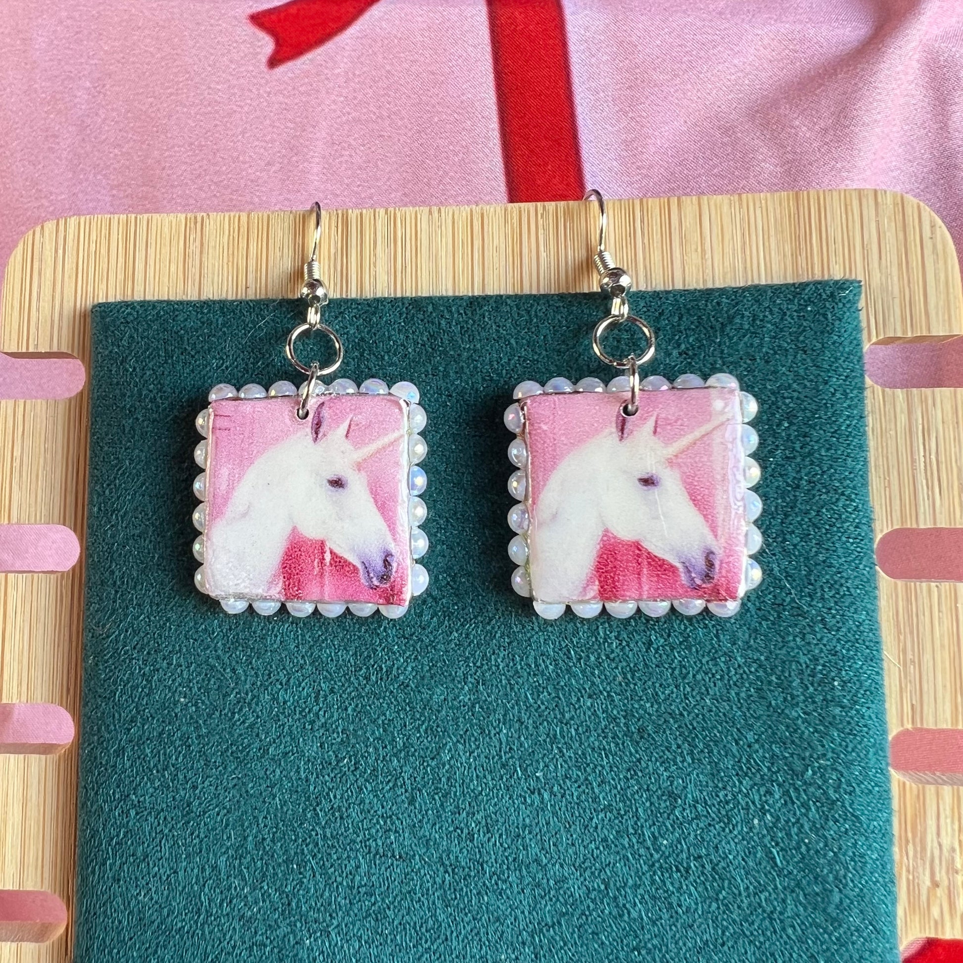 pink unicorn earrings, unicorn earrings, kawaii earrings, fairycore earrings, pastel earrings, handmade polymer clay earrings, polaroid earrings, white pearl earrings, liminal jewelry, square charm earrings, whimsical jewelry, cute earrings, y2k jewelry, Olive Made