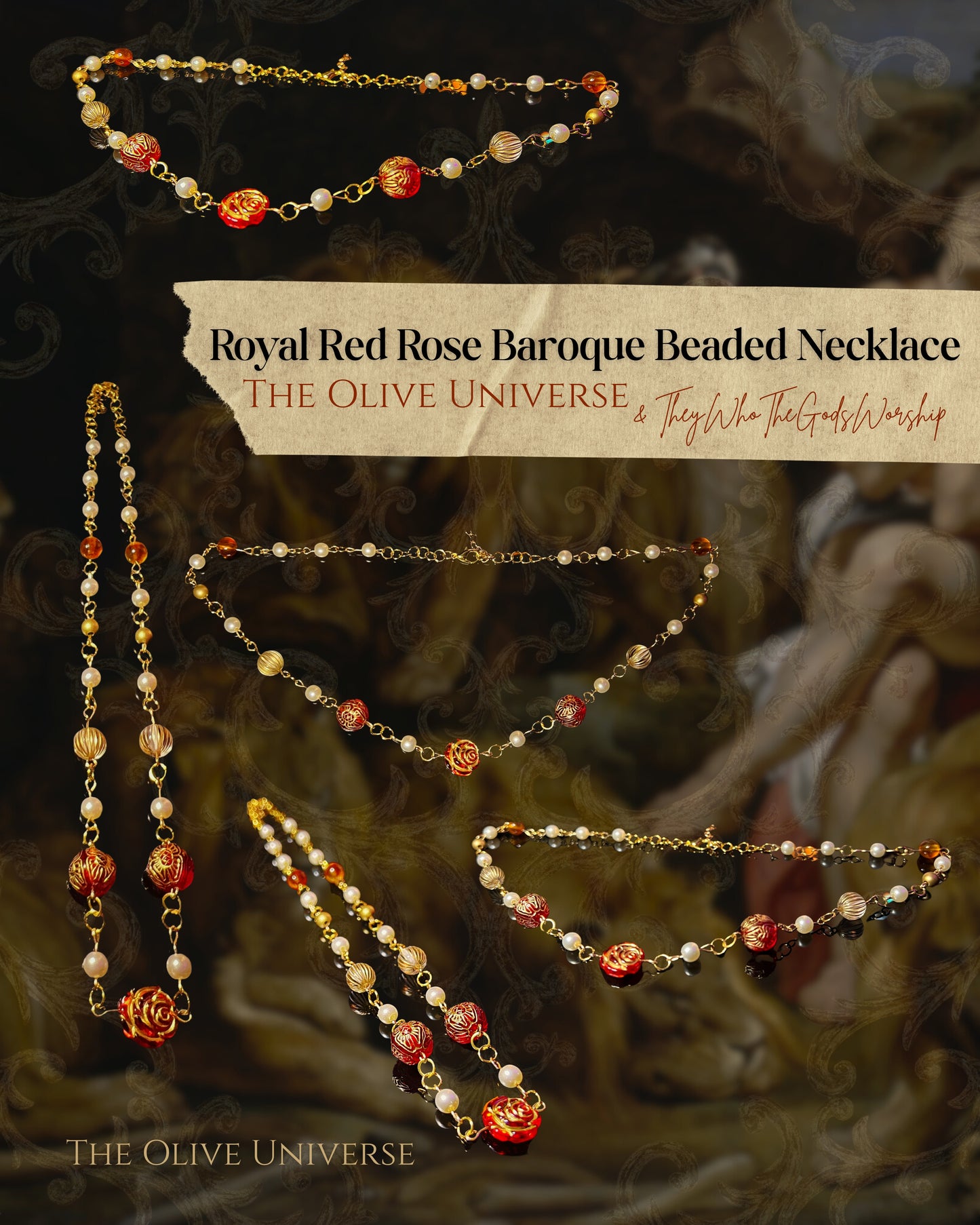Royal Red Rose Baroque Beaded Necklace - Olive Made