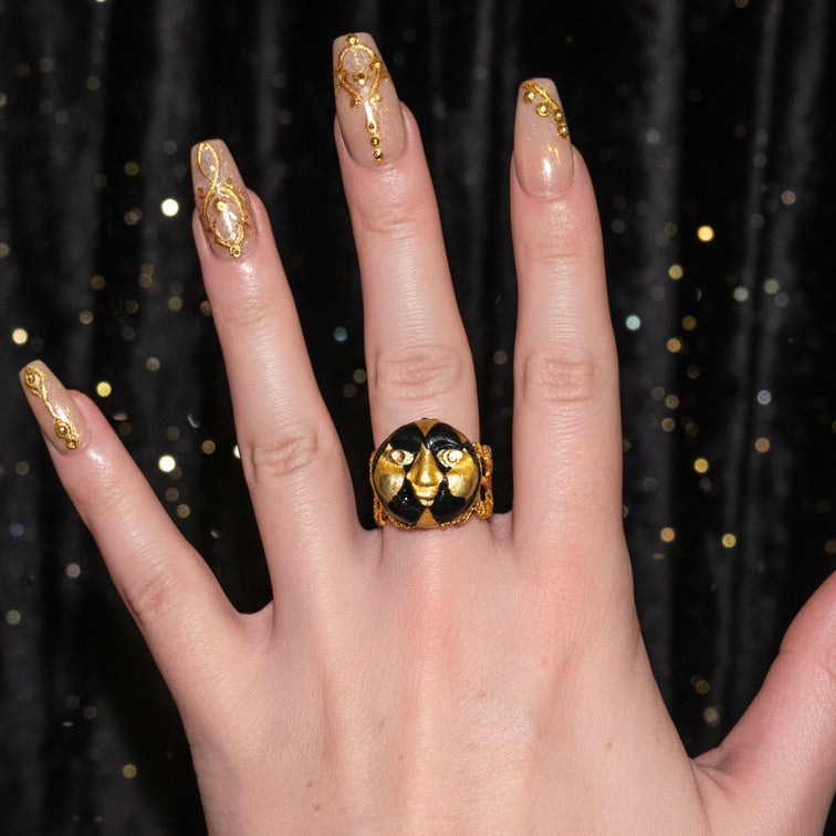 Gold Harlequin Mask Ring — Sculptural Masquerade Statement