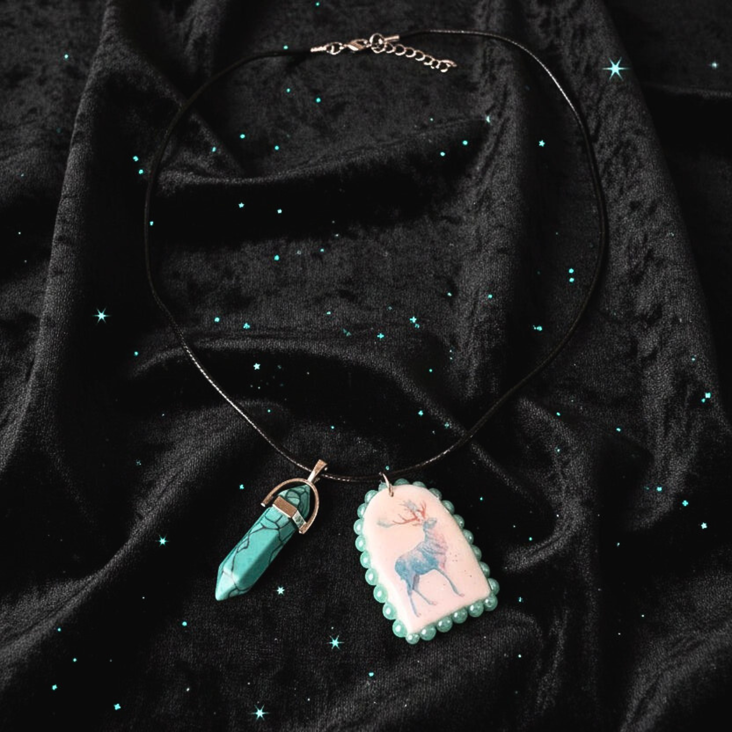 Blue Magic Charm Necklace | Blue Stag Arch Pendant or Iridescent Jackalope | 22” Adjustable Faux Leather Chain