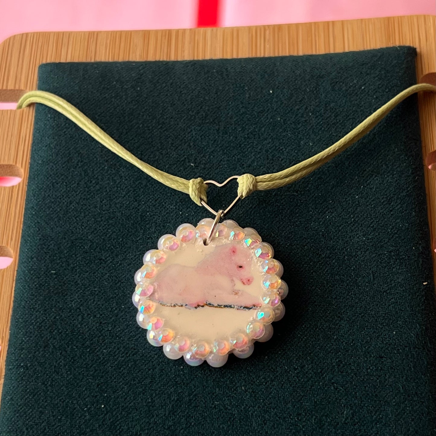 Unicorn Foal Charm Heart Choker | Coquette Pastel Green + Iridescent Pearls | Olive Made