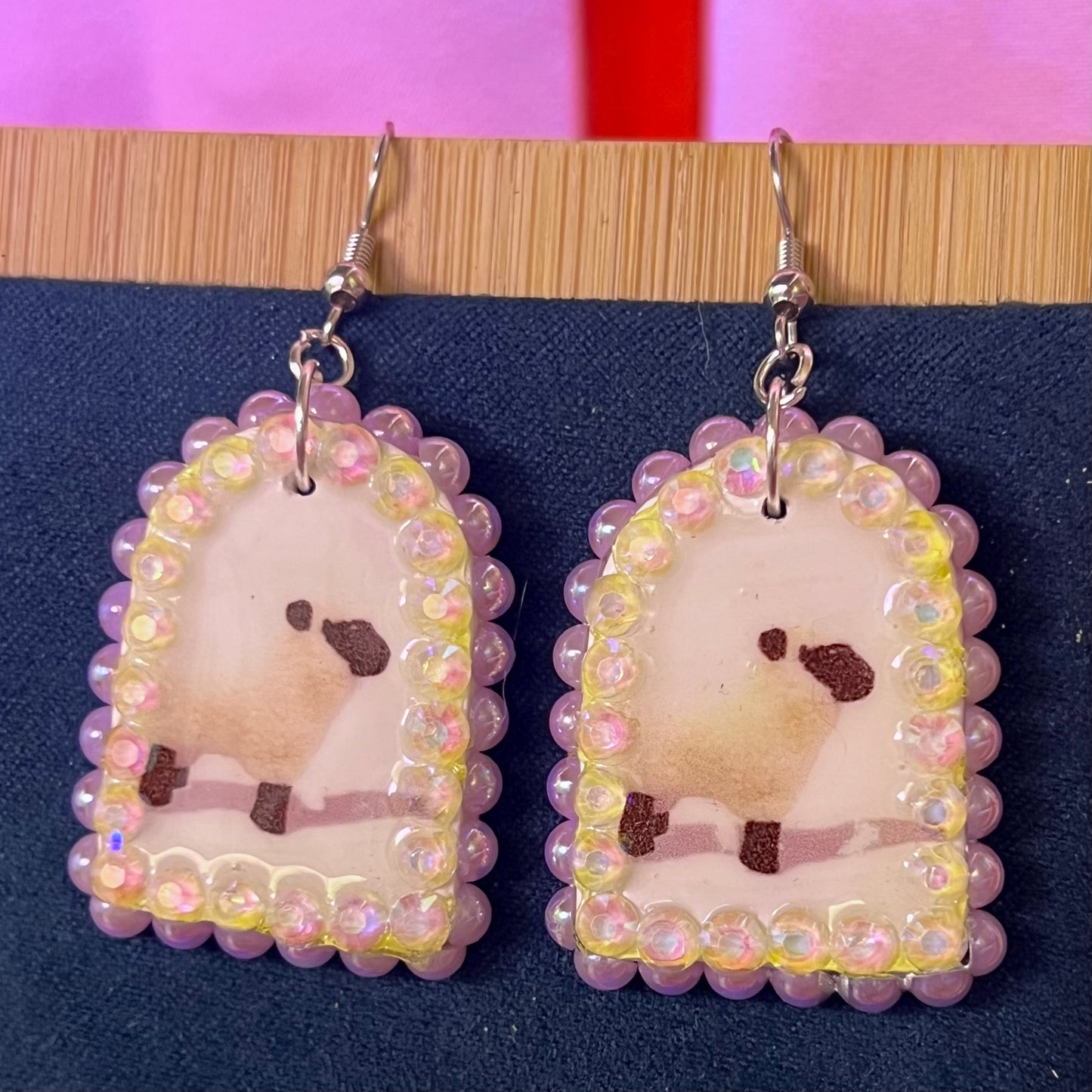 Lavender Pearls Black & White Lamb Plushie Earrings | Kawaii Coquette Sheep Jewelry