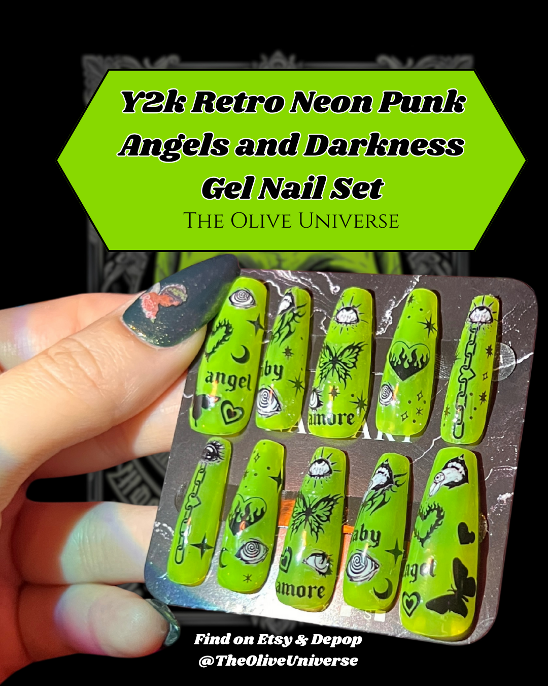 Y2k Retro Neon Punk Angels and Darkness Design Gel Nail Set - Olive Made