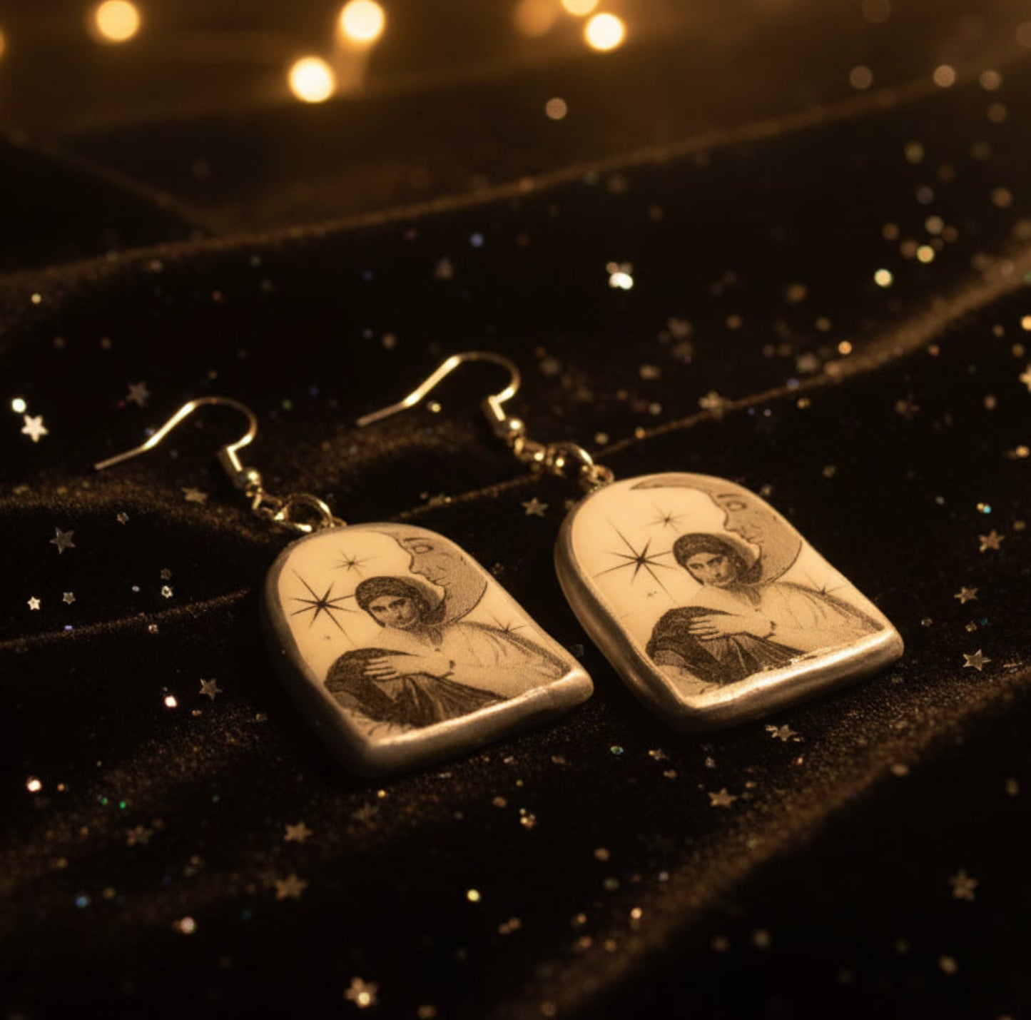 Roman Woman Earrings | Handmade Clay Dangle Earrings | Art History Jewelry | Grayscale Celestial Collage