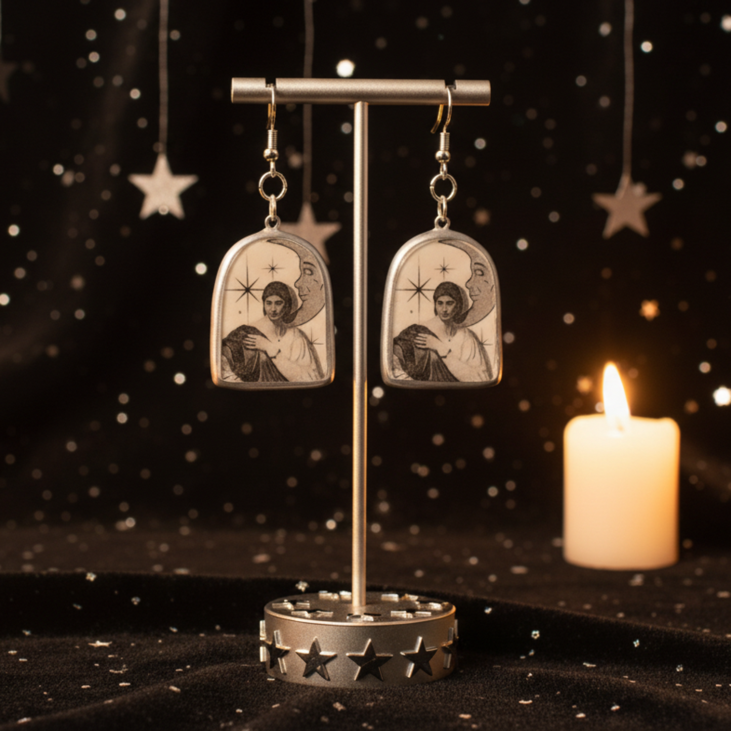 Roman Woman Earrings | Handmade Clay Dangle Earrings | Art History Jewelry | Grayscale Celestial Collage