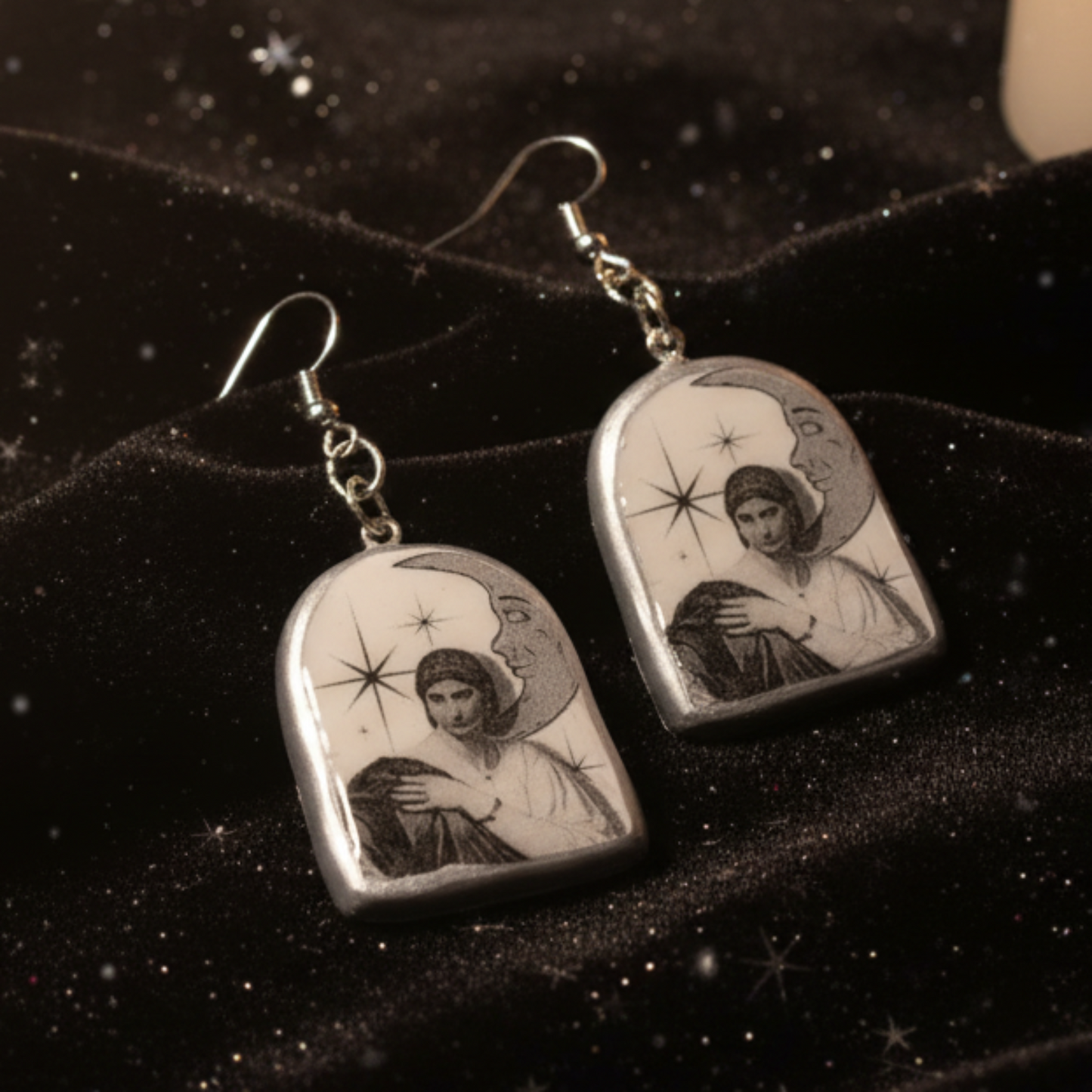 Roman Woman Earrings | Handmade Clay Dangle Earrings | Art History Jewelry | Grayscale Celestial Collage