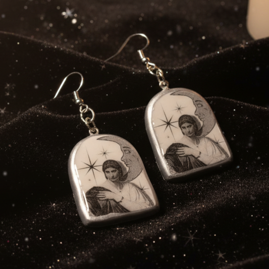 Roman Woman Earrings | Handmade Clay Dangle Earrings | Art History Jewelry | Grayscale Celestial Collage
