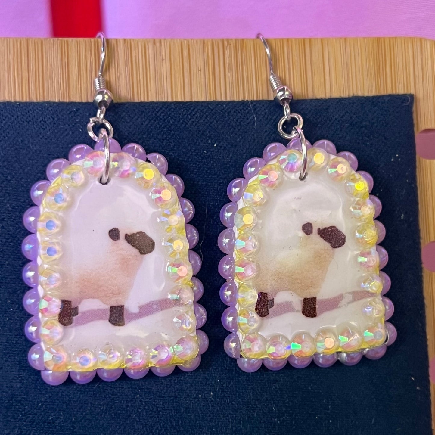 Lavender Pearls Black & White Lamb Plushie Earrings | Kawaii Coquette Sheep Jewelry