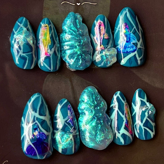 Poseidon’s Layer | Bespoke Fish Press-On Nails | Medium Almond | Ocean Nails | 3D Iridescent Nails