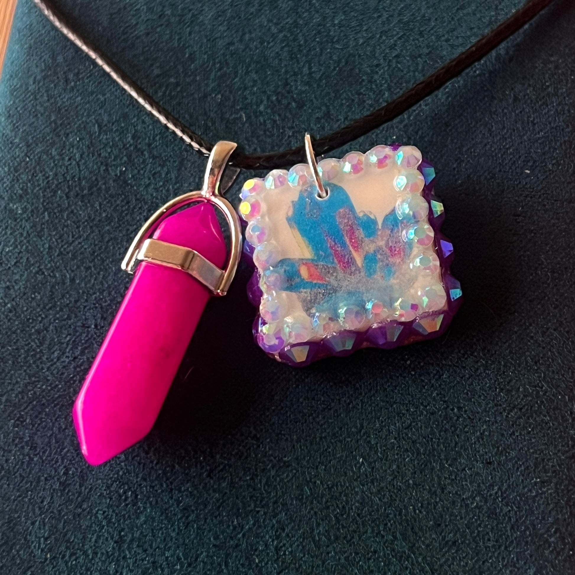 Pink & blue crystal cluster necklace — handmade polymer clay gem cluster pendant in pastel pink/blue, hand-bedazzled with iridescent pearls + rhinestones for high-glam fairycore sparkle. Gift-ready Victorian-patterned box. Whimsigoth Y2K charm necklace; ready to ship in 1–3 days.