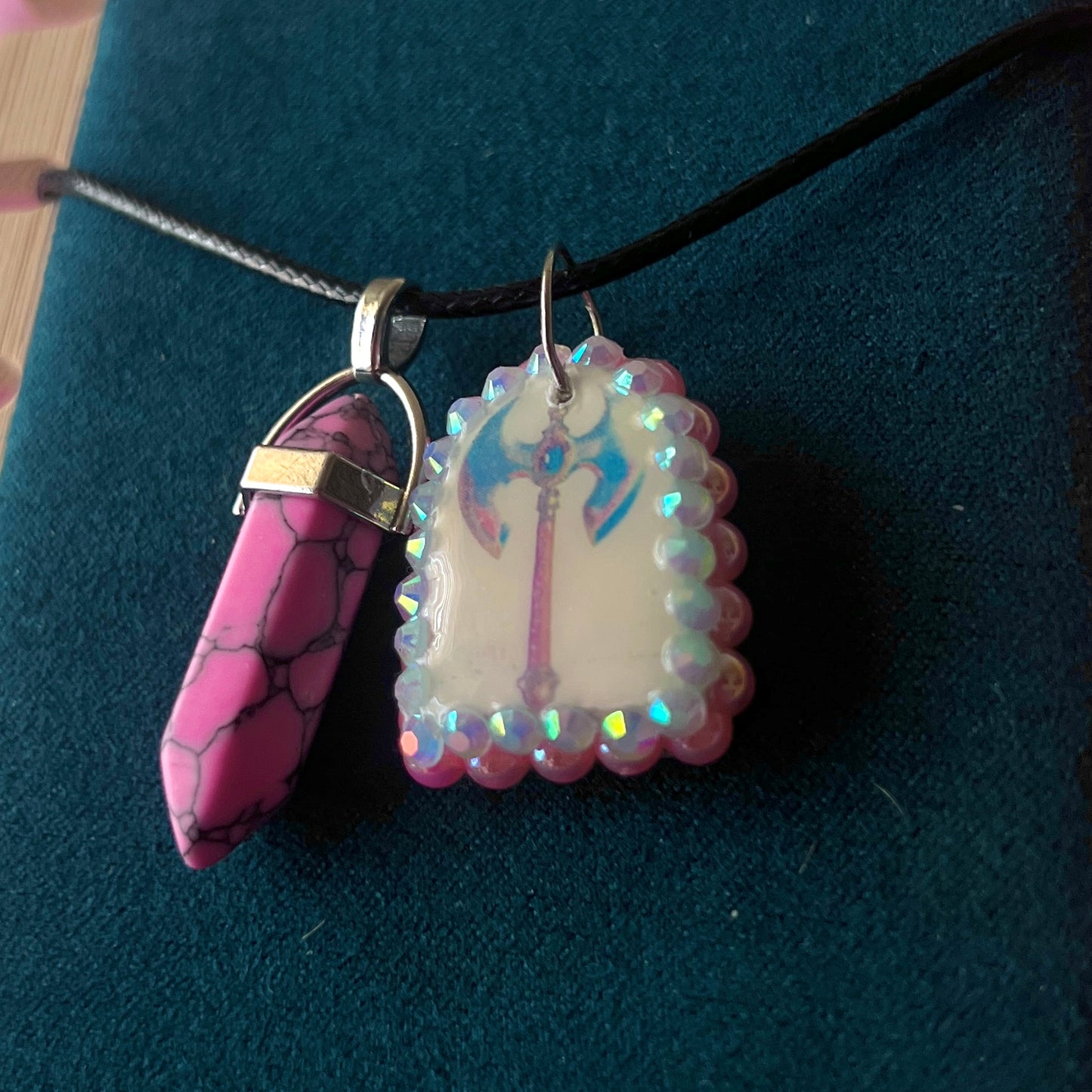 Battle Axe Charm Necklace | Polymer Clay Pendant + Pink Marbled Gem