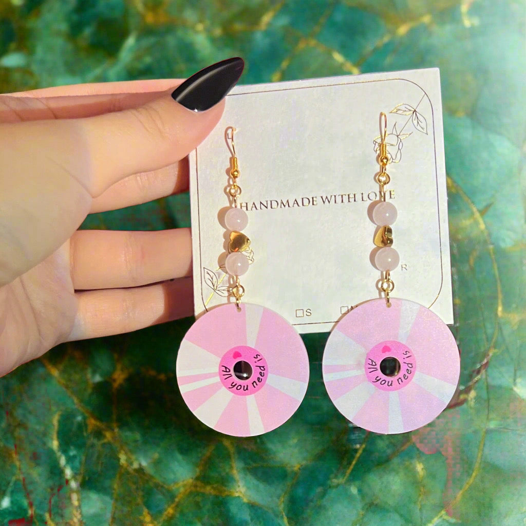 Rose Quartz & Hematite “All You Need Is Love” Earrings — Luxury Y2K Crystal Jewelry