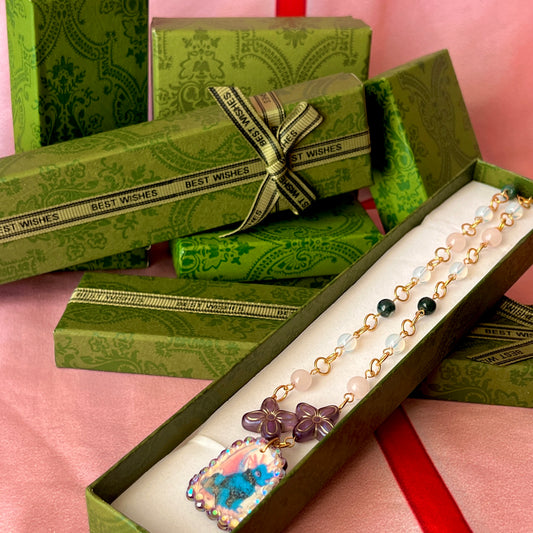 Gold Plated Dragon Charm Necklace | Rose Quartz + Opalite + Indian Agate Beads