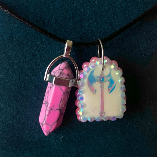 Battle Axe Charm Necklace | Polymer Clay Pendant + Pink Marbled Gem