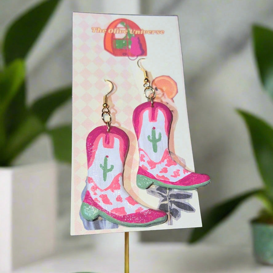 Cactus Cowprint Boots - Handmade & Hand Painted Charm Earrings - Olive Made