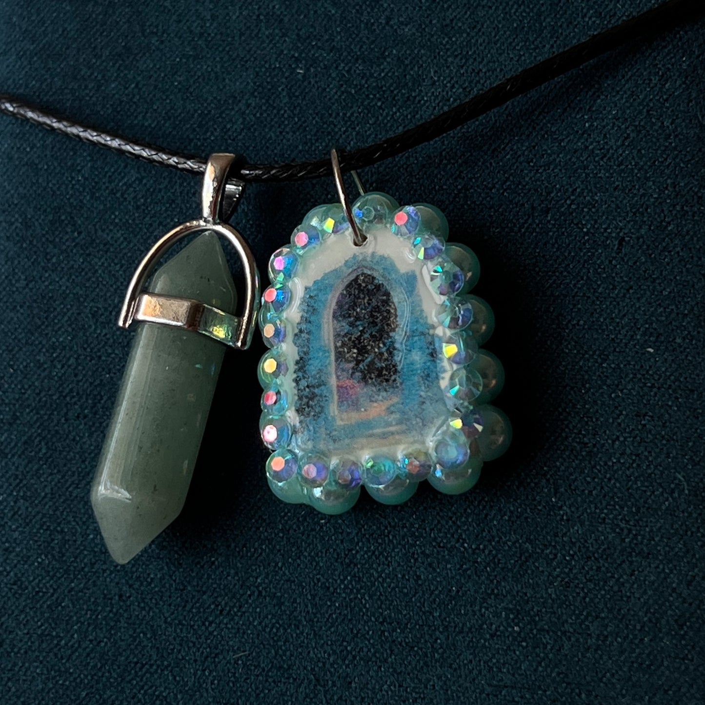 Magical archway charm necklace — one-of-a-kind medieval stone archway “portal” pendant hand-sculpted in polymer clay (approx. 1" tall x 0.75" wide) and bedazzled with iridescent pearls and rhinestones. Handmade wearable magic.