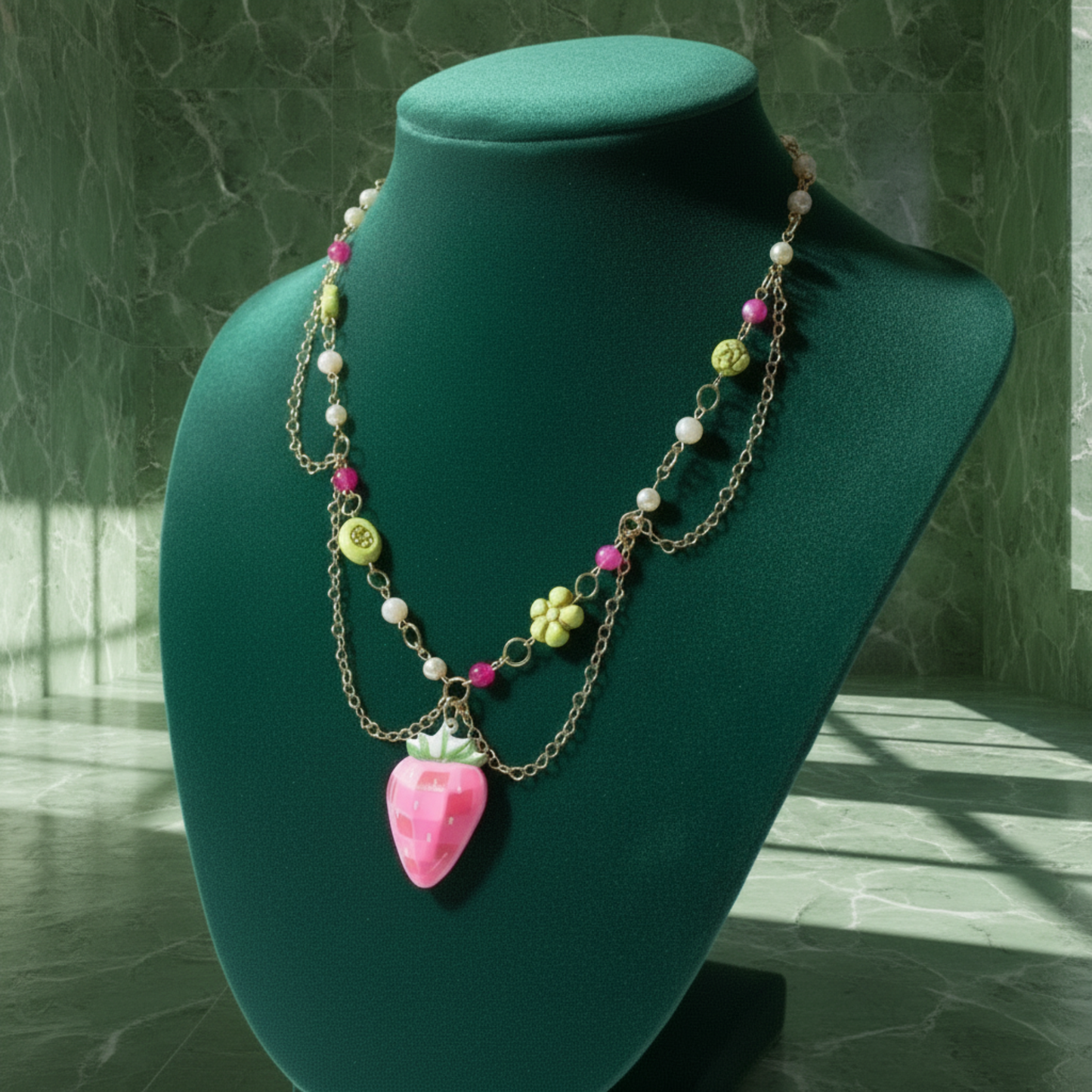 Disco Fields Necklace — Rose Quartz, Agate, Faux Pearls, Baroque Beads