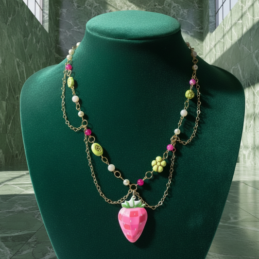 Disco Fields Necklace — Rose Quartz, Agate, Faux Pearls, Baroque Beads