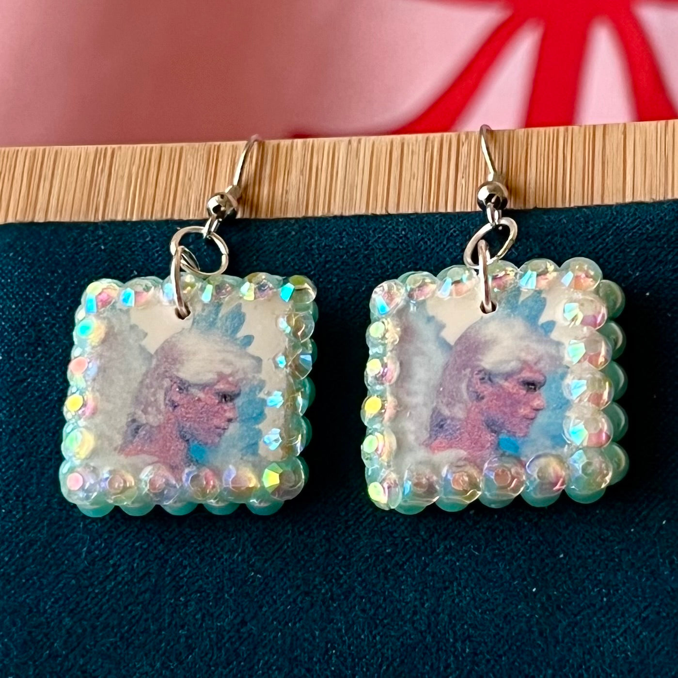 angel earrings, blue angel earrings, fairycore earrings, whimsigoth earrings, medieval fantasy jewelry, rhinestone earrings, pearl rhinestone earrings, handmade polymer clay earrings, charm earrings, statement earrings, gift for fairycore lover, cute angel jewelry