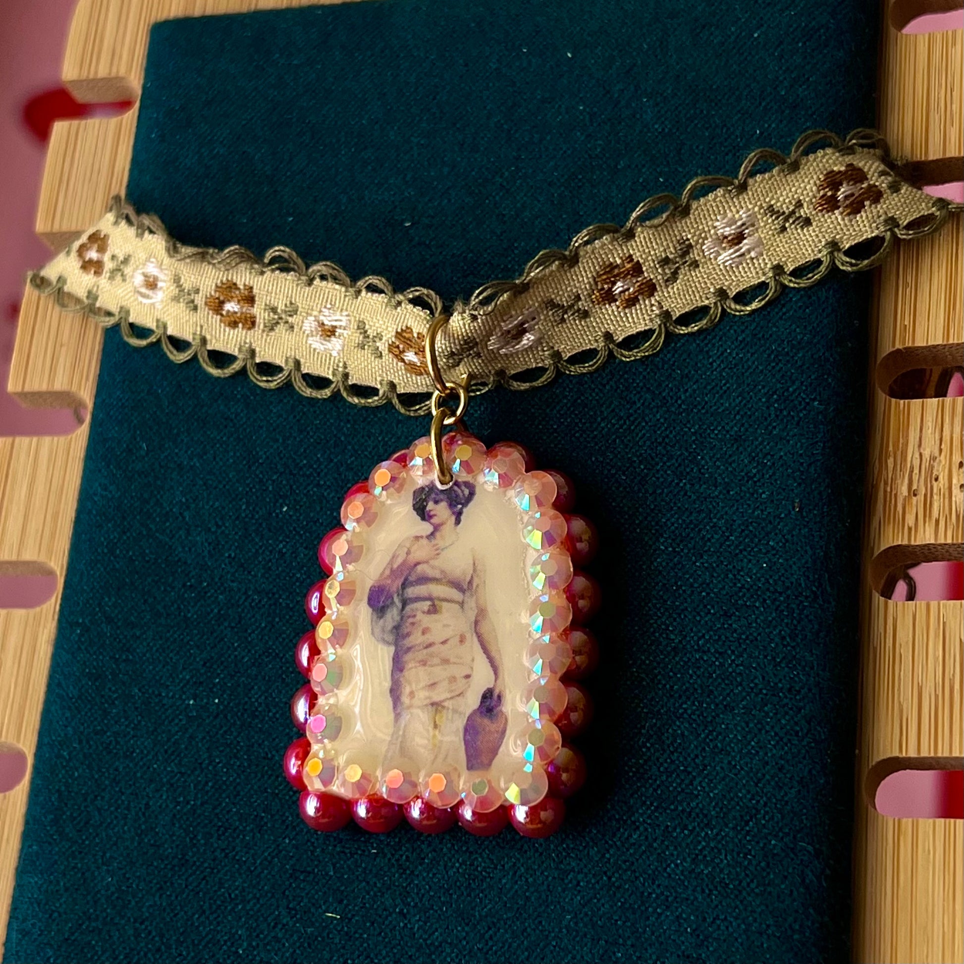 neoclassical necklace, portrait choker necklace, vintage lace choker, renaissancecore jewelry, museum aesthetic necklace, red pearl necklace, rhinestone charm necklace, romantic choker, embroidered flower choker, handmade polymer clay charm, art jewelry