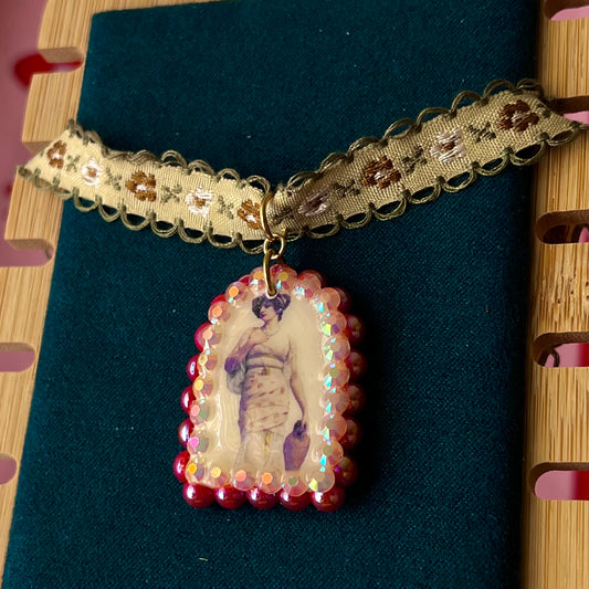 neoclassical necklace, portrait choker necklace, vintage lace choker, renaissancecore jewelry, museum aesthetic necklace, red pearl necklace, rhinestone charm necklace, romantic choker, embroidered flower choker, handmade polymer clay charm, art jewelry