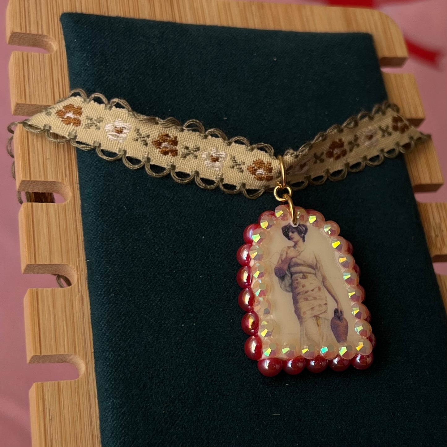 neoclassical necklace, portrait choker necklace, vintage lace choker, renaissancecore jewelry, museum aesthetic necklace, red pearl necklace, rhinestone charm necklace, romantic choker, embroidered flower choker, handmade polymer clay charm, art jewelry