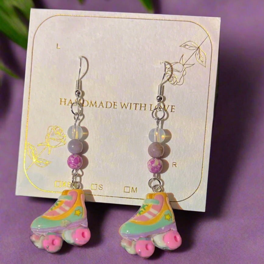 Retro Rollin’ Roller Skates Earrings — Purple Jasper, Indian Agate & Opal Crystals