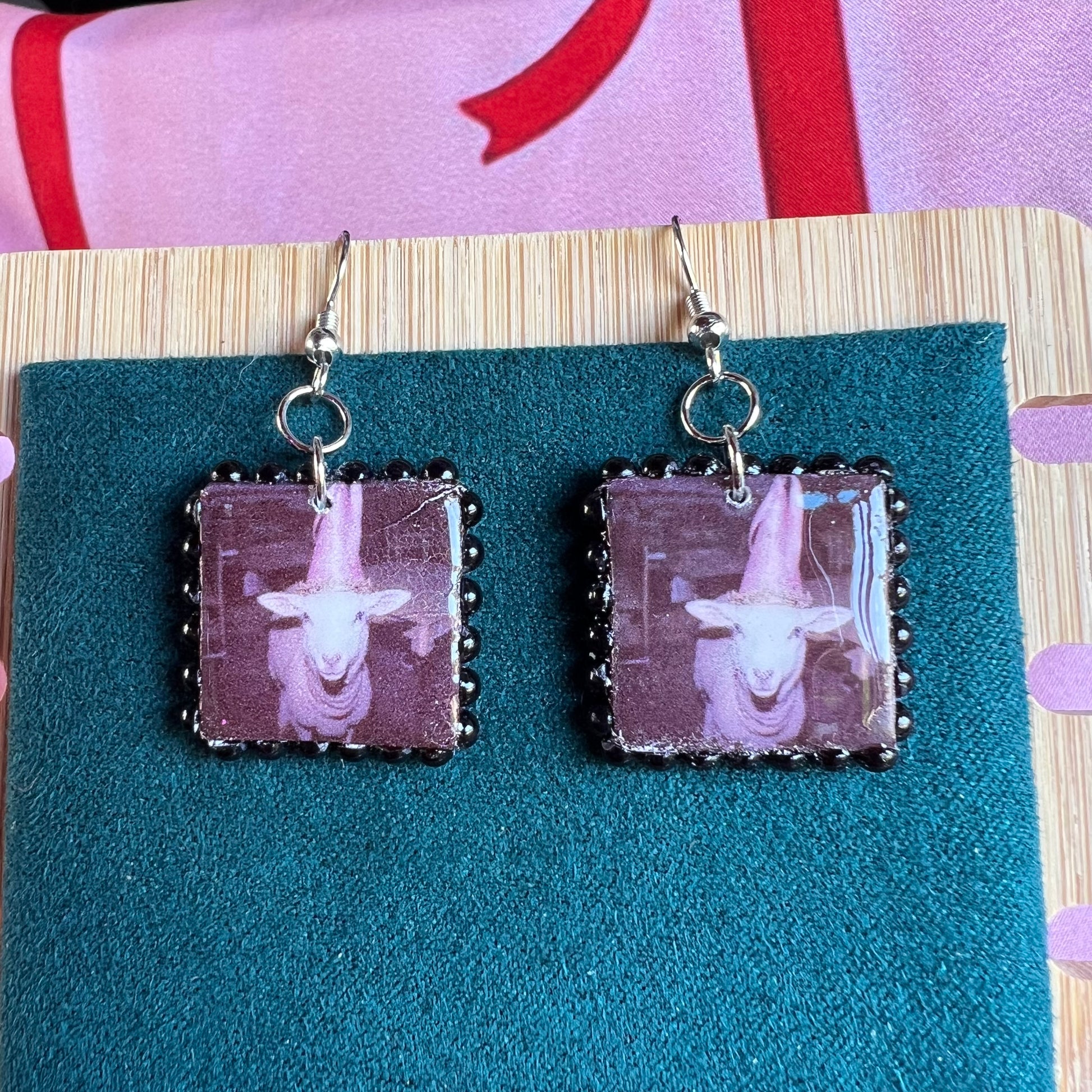 princess lamb earrings, lamb earrings, handmade polymer clay earrings, polaroid earrings, whimsical earrings, fairycore earrings, princesscore jewelry, y2k earrings, 90s inspired jewelry, silver toned earrings, cute animal earrings, magic earrings, square charm earrings, Olive Made