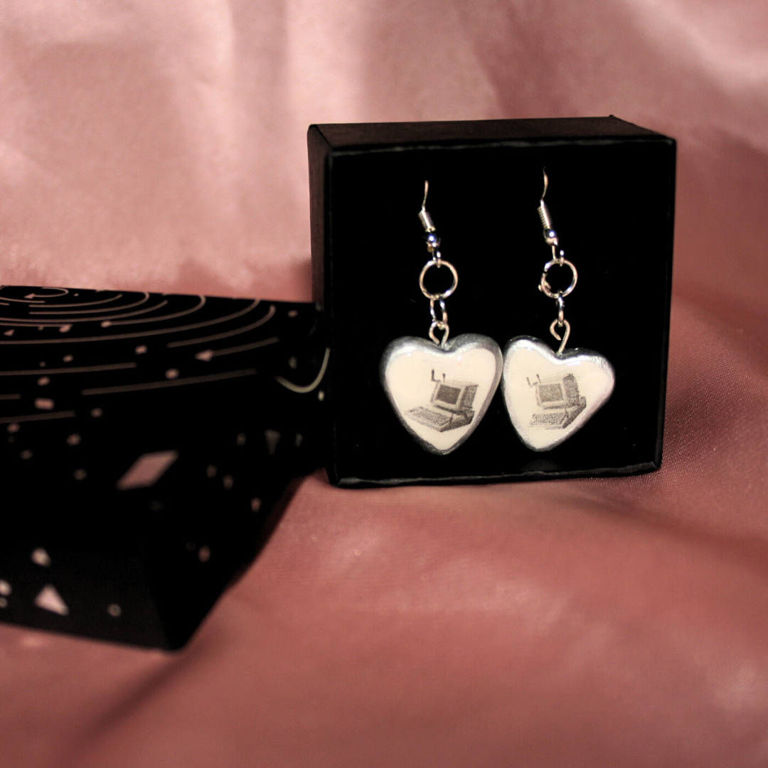 Retro Desktop Heart Earrings | Y2K Clay Earrings | Silver Shimmer | Nostalgic Computer Aesthetic | Handmade