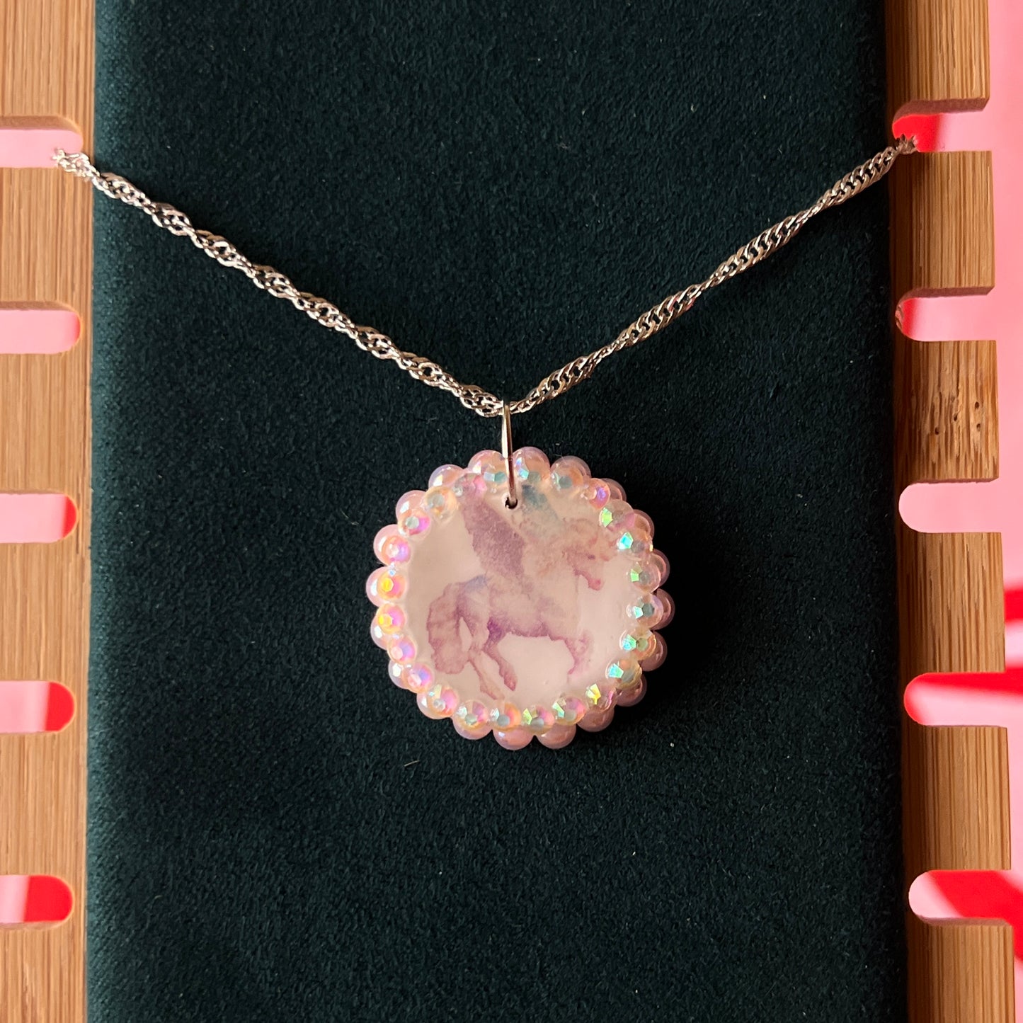 Pegasus pearl charm necklace — coquette fantasy jewelry with handmade pegasus charm bedazzled with pastel pearls on 20" 925 sterling silver chain. Ships gift-ready in green Victorian-patterned box; ready to ship. Medieval magic talisman necklace by Olive Made.