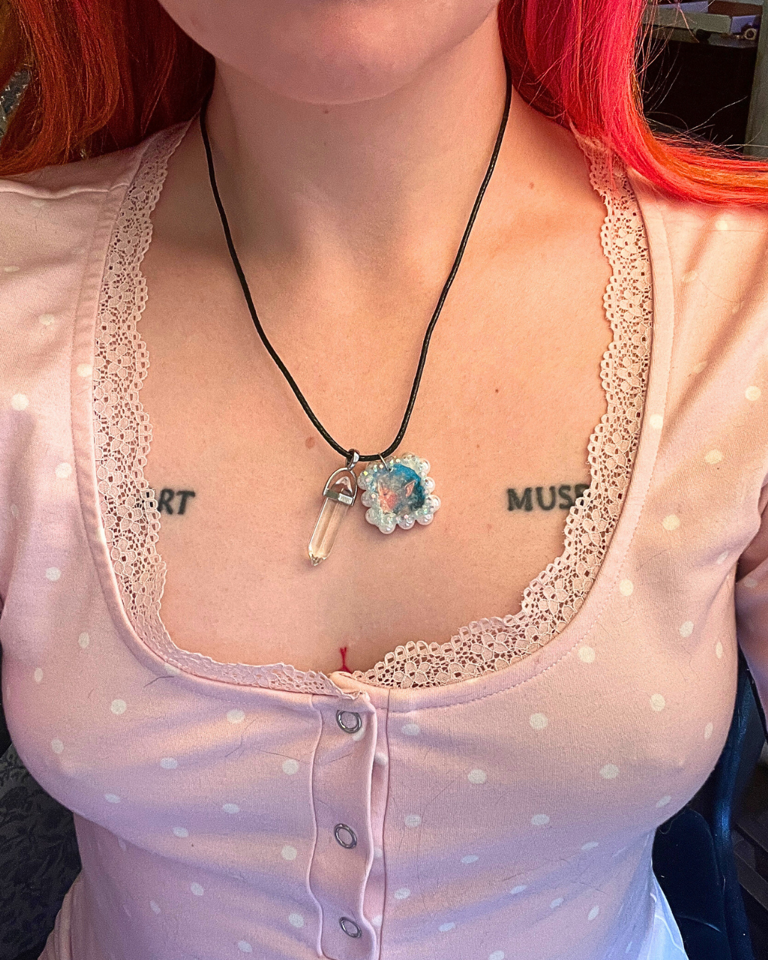 Iridescent Fairy Portrait Charm Necklace | Polymer Clay Pendant + Translucent Gem